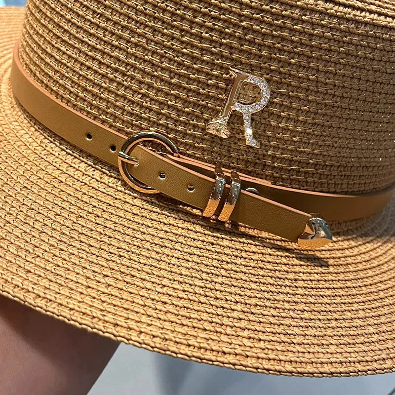 Summer Sun Hat Flat Top Straw Hats for Women New Metal R Letter Fashionable Beach Sun Hat Females Travel Holidays Boater Hat