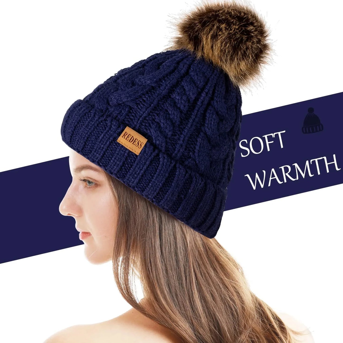 Women Winter Pompom Beanie Hat with Warm Fleece Lined, Thick Slouchy Knit Skull Ski Cap-Gray